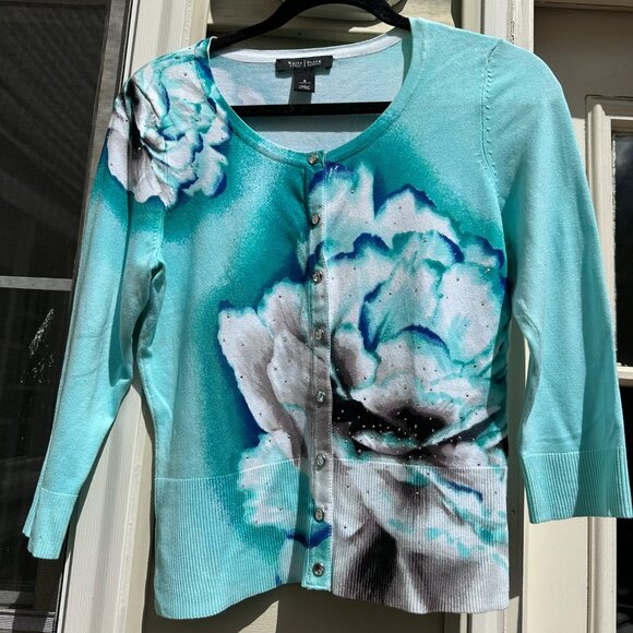 WHBM (White House Black Market) Turquoise Floral Cardigan, Size S - Picture 2 of 5
